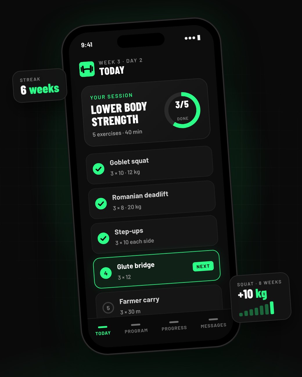 Illustration of the coaching app on a phone: today's lower-body session with completed exercises ticked off, the next exercise highlighted, a 6-week streak and squat progress